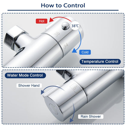 AIMOYO thermostatic shower mixer, round shower faucet with 2 outlets, chrome-plated shower thermostat replacement parts, top 3/4" BSP + bottom 1/2" BSP, shower valve with 38 °C safety button.