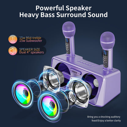 Karaoke Machine for Adults and Kids with 2 UHF Wireless Microphones, Portable Bluetooth Singing Speaker, PA System with Disco Lights, Cell Phone Holder for Home, Party, Picnic (Purple)