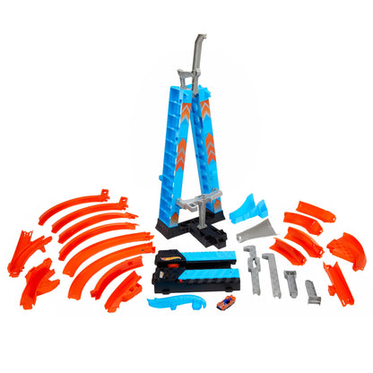 Hot Wheels GJM76 - Sky Crash Tower 83 cm tall with battery-powered accelerator and looping, gift for kids aged 5+.
