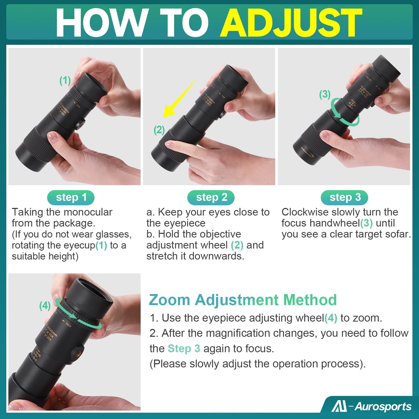 Aurosports 10-30x40 zoom monocular telescope for adults, Bak4 prism dual focus telescope compact monocular for wildlife bird watching hiking hunting camping.