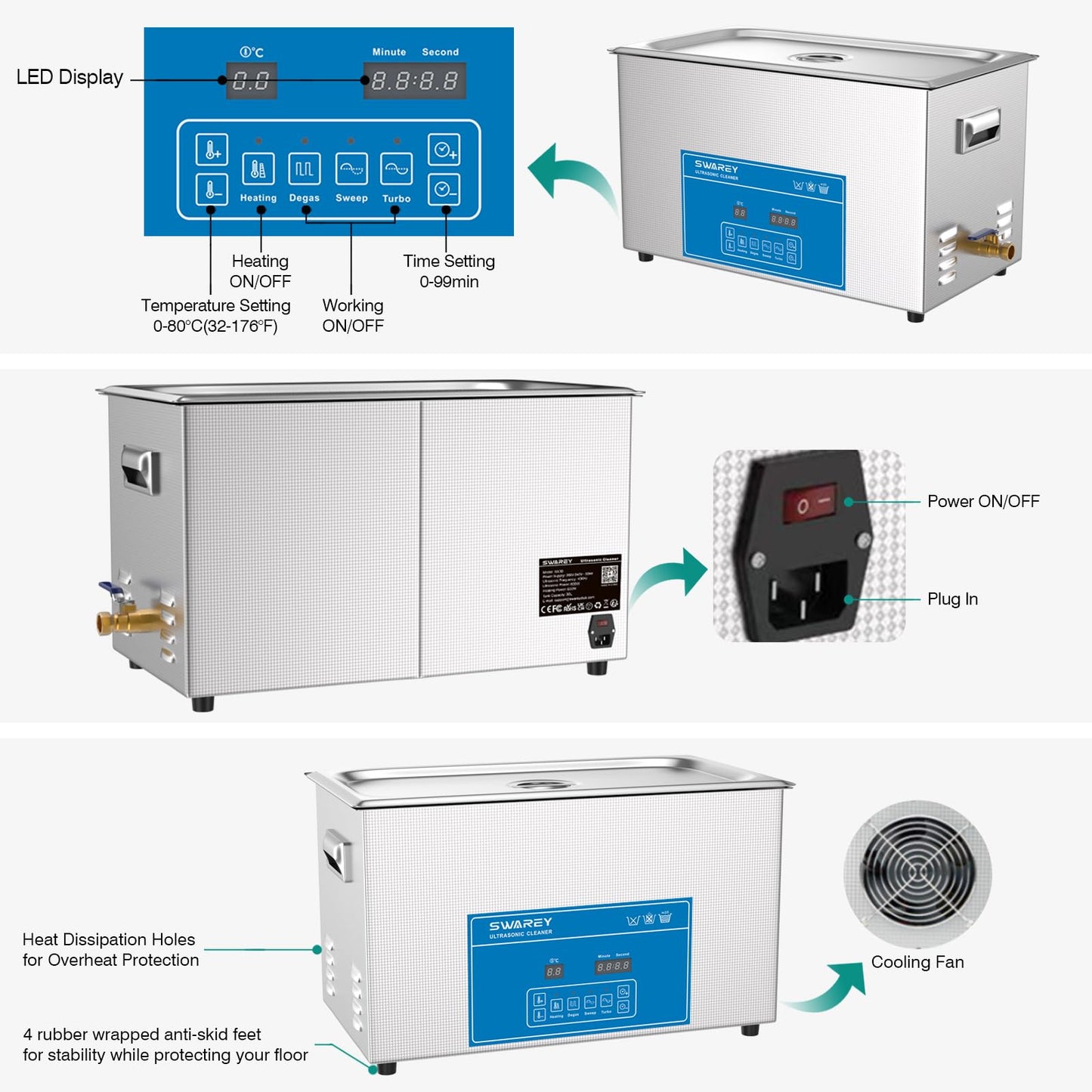 SWAREY Professional 30L Industrial Ultrasonic Cleaning Equipment with Heating and Digital Timer 600W 40 KHz Ultrasonic Cleaner for Glasses Tools Parts Metal Instruments.