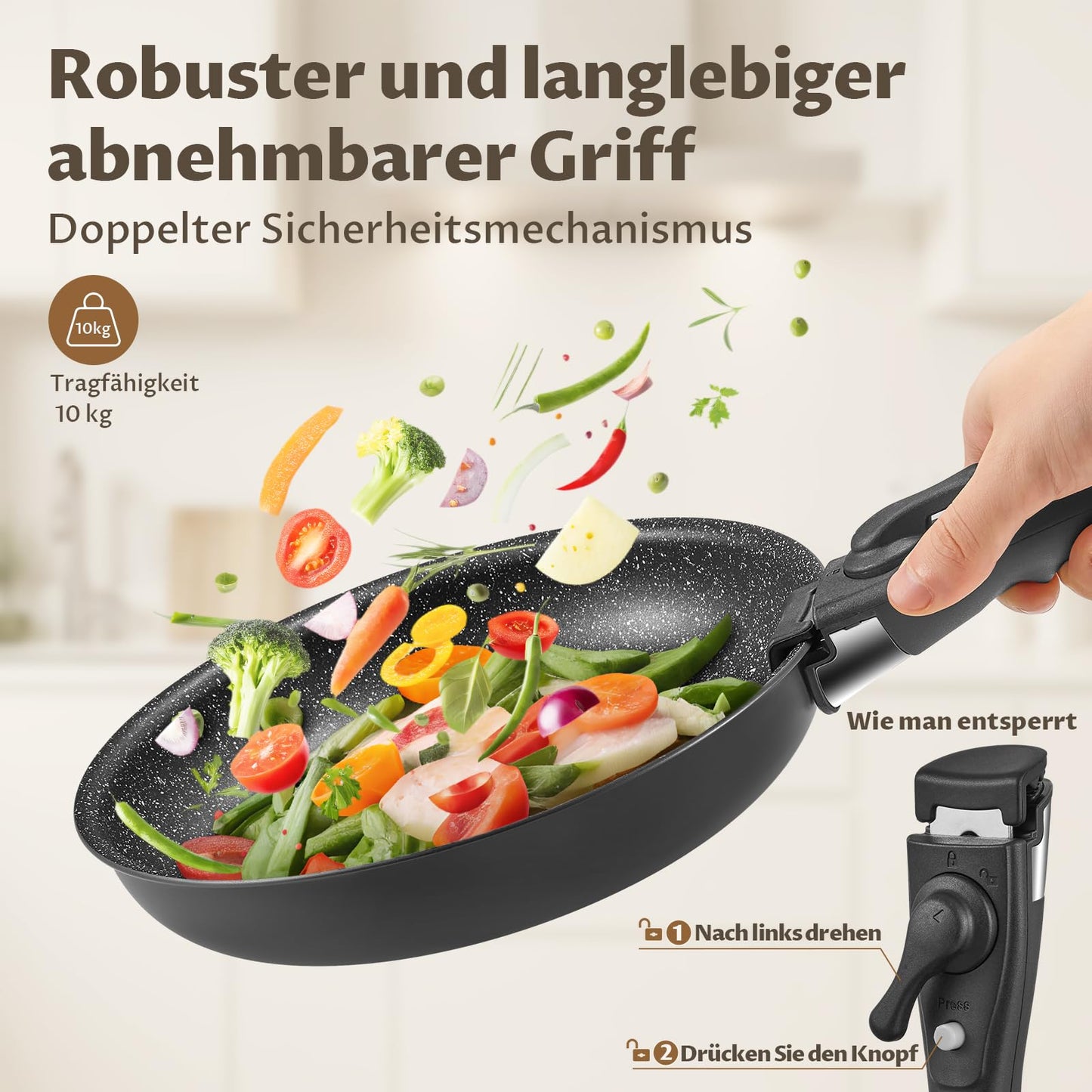 Fadware induction pan set with 20, 24, and 28 cm non-stick frying pans. Removable handle, suitable for all hob types. PFOA and PFAS free, oven safe, easy to clean, great for camping.