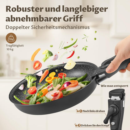 Fadware induction pan set with 20, 24, and 28 cm non-stick frying pans. Removable handle, suitable for all hob types. PFOA and PFAS free, oven safe, easy to clean, great for camping.