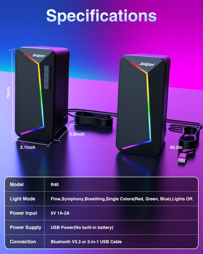 SOULION R40 Computer Speakers, 2.0 USB-powered, Lighting for PC with volume control button, Bluetooth 5.3, Surround Sound for Laptop, Tablets, Smartphone