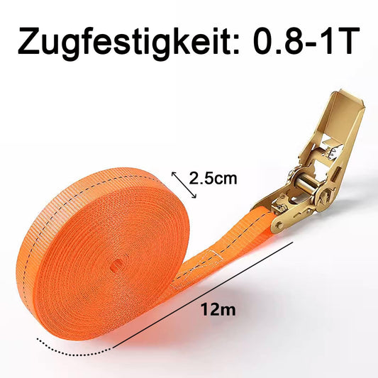 2 pieces of 12m long ratchet tie-down straps, Basicon 800KG ratchet straps with 25mm wide ratchet and adjustable fastening straps for secure cargo transport.