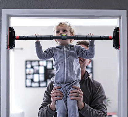 Kapler Pull Up Bar for door and door frame, adjustable with elastic lock, 300kg capacity, includes leveling tool and high-density foam for comfort.