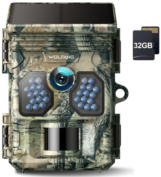 WOLFANG trail camera, 4K solar video wildlife camera with 32G memory card, 48MP full HD resolution hunting camera, night vision, motion sensor, 0.1s trigger time, IP66 waterproof for wildlife monitoring.