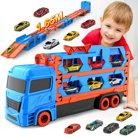 VATOS Transport Truck toy cars for boys aged 3, 4, 5, 6 years old, portable race track truck toy car with 6 race cars, transporter vehicle toy set for kids.