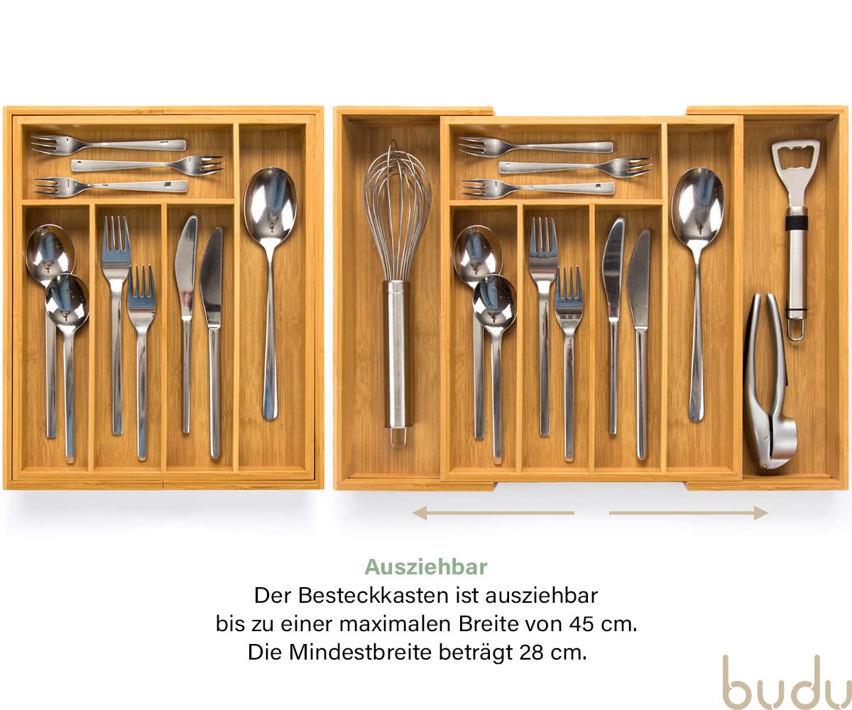 Budu cutlery tray #33.5 (depth 33.5cm) made of bamboo - Drawer organization system for the kitchen - Cutlery tray for drawers made of bamboo - Expandable - Kitchen drawer organizer - Kitchen organizer