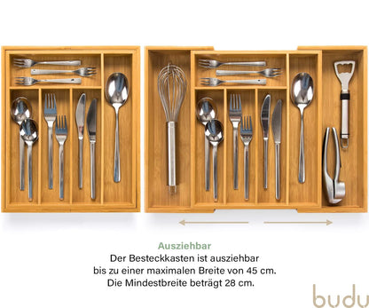 Budu cutlery tray #33.5 (depth 33.5cm) made of bamboo - Drawer organization system for the kitchen - Cutlery tray for drawers made of bamboo - Expandable - Kitchen drawer organizer - Kitchen organizer
