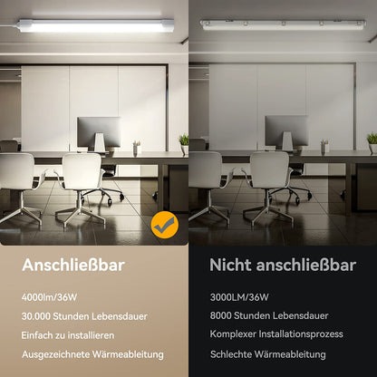 Anten LED moisture-proof luminaire 120cm, 36W 4000LM LED neon tube, neutral white 4000K moisture-proof lamp, IP65 waterproof batten luminaire, workshop lamp, cellar luminaire, ceiling luminaire for offices, warehouses, garages.