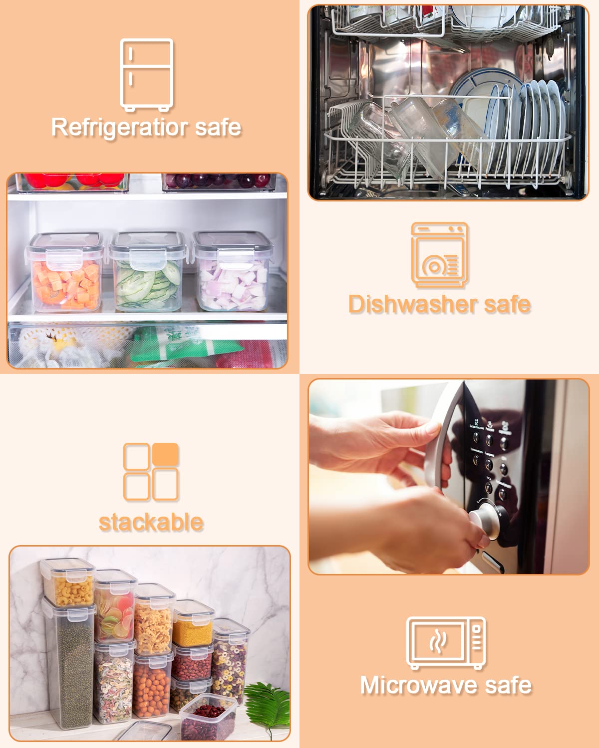 25-piece storage container set (9x0.8L + 6x1.4L + 5x2L + 5x2.8L) airtight containers with lids. Perfect for storing spaghetti, flour, cereal, and cornflakes in the kitchen. Great plastic organizers for keeping food fresh.