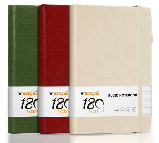 3 pieces of A5 notebook, smaller notepad with 80gsm thick paper, 180 pages leather journal for women men traveling working school writing - Beige, Olive Green, Red