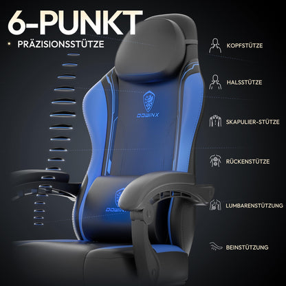 Dowinx Gaming Chair, Ergonomic Gamer Seat made of PU leather with lumbar support, massage function and wide backrest, up to 150 kg load capacity, Blue.
