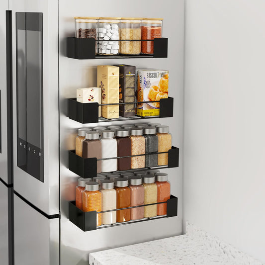 Golden Bell 4 Piece Magnetic Spice Rack, Magnetic Shelf Refrigerator, Spice Rack Without Drilling, Strong Magnetic Spice Organizer, Black