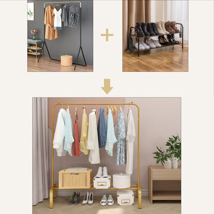 JIUYOTREE Garment Rack 110 cm Metal Clothes Rail Coat Stand with Shelf for Coats, Skirts, Shirts, Sweaters, Gold