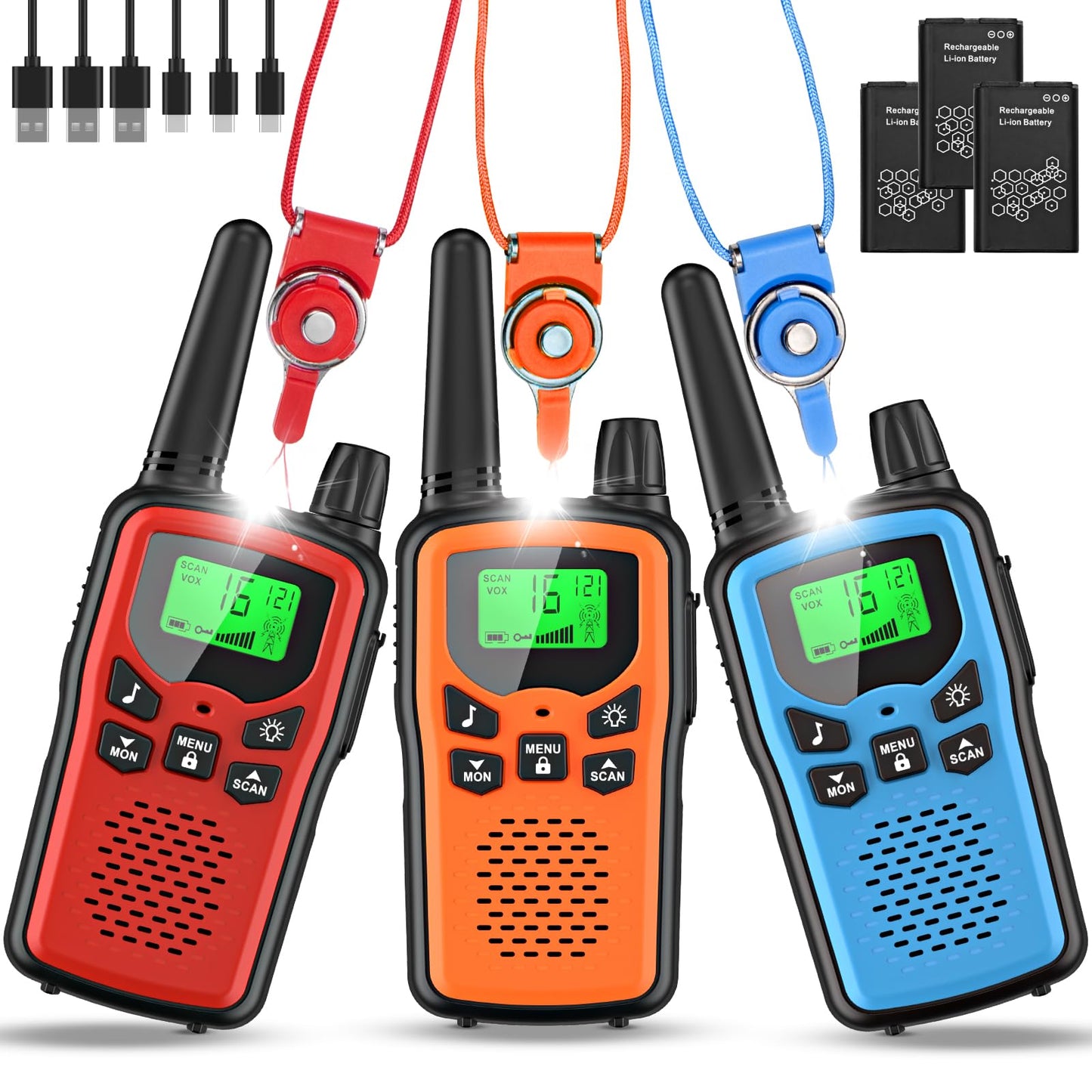 Walkie Talkie 3 piece set for kids, rechargeable, Rabigala walkie talkies with 5km long range for adults, Li-ion battery, VOX hands-free function, LED flashlight, LCD