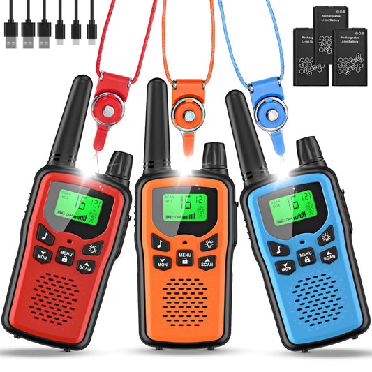 Walkie Talkie 3 piece set for kids, rechargeable, Rabigala walkie talkies with 5km long range for adults, Li-ion battery, VOX hands-free function, LED flashlight, LCD
