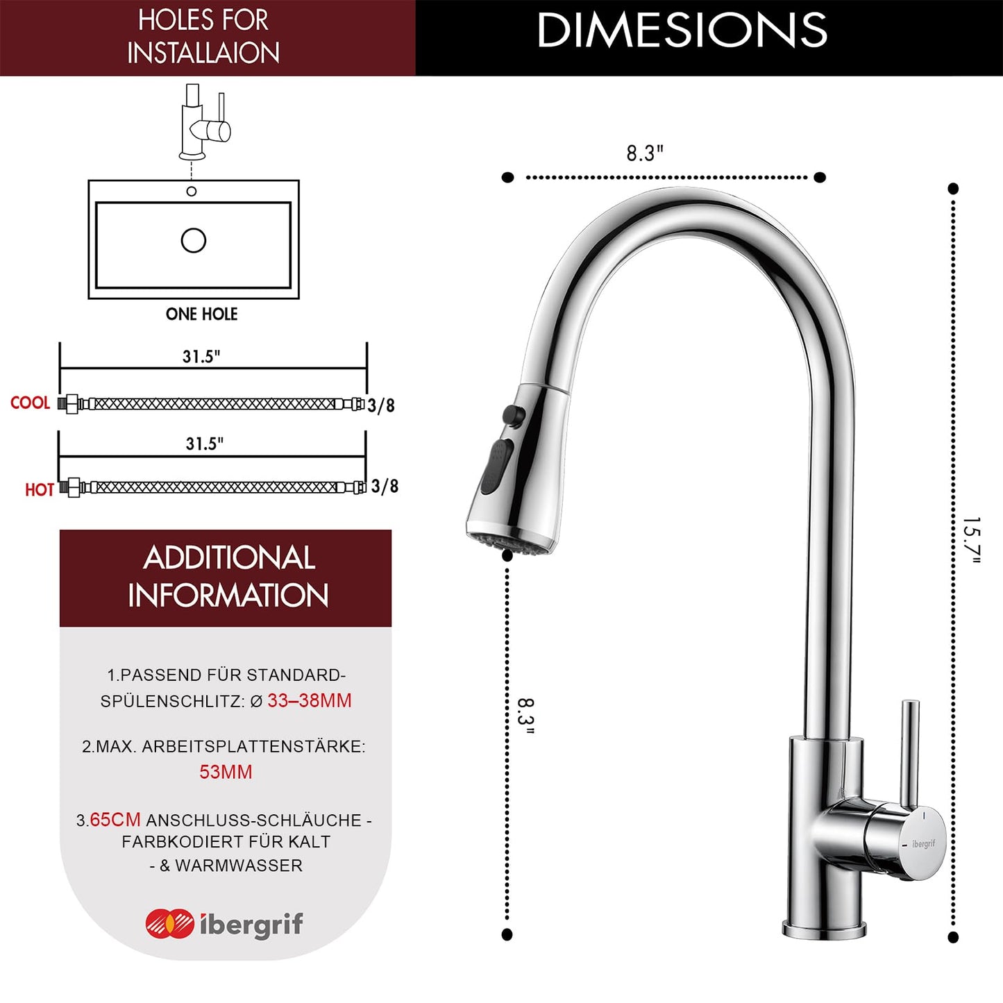 Ibergrif Kitchen Faucet Pull Out Stainless Steel 360° Swivel, Mixer Tap with 3 Spray Modes, 50cm Cold-Warm Water Connection Hoses, Easy Installation, Polished Chrome