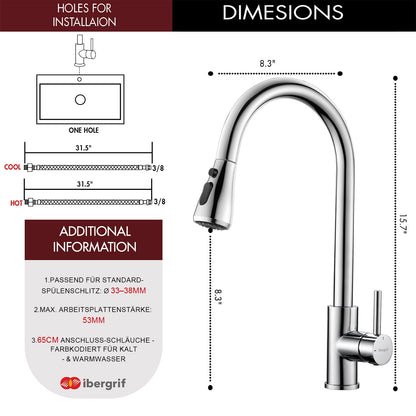 Ibergrif Kitchen Faucet Pull Out Stainless Steel 360° Swivel, Mixer Tap with 3 Spray Modes, 50cm Cold-Warm Water Connection Hoses, Easy Installation, Polished Chrome