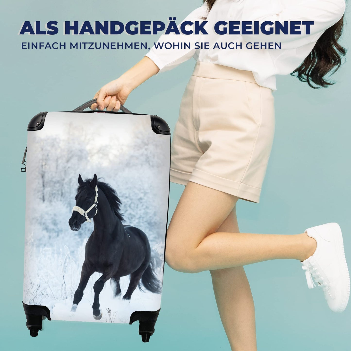 MuchoWow© suitcase carry-on trolley luggage with 4 wheels - horse - snow - forest - cabin size < 55x40x23 & 55x40x20 cm - photo case - cabin case - carry-on luggage