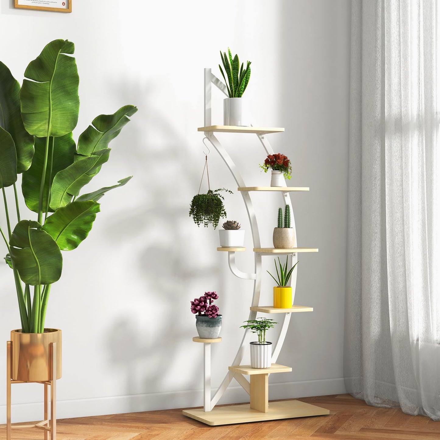 COMFOTEU 5-Tier Plant Stand, Metal Flower Stand, Plant Stand with Anti-Tipping, Flower Stand with 7 Levels & 1 Hook, Display Shelf for Garden Balcony Living Room, White (1 Piece)
