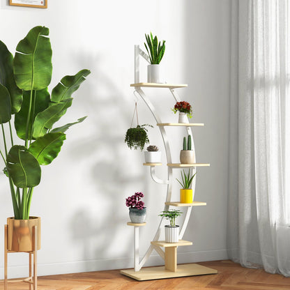 COMFOTEU 5-Tier Plant Stand, Metal Flower Stand, Plant Stand with Anti-Tipping, Flower Stand with 7 Levels & 1 Hook, Display Shelf for Garden Balcony Living Room, White (1 Piece)