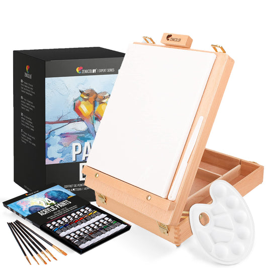 Acrylic paint set for artists 34-piece - with wooden carrying case for adults, easel, 24 tubes of acrylic paint, 6 paintbrushes, canvas, palette knife, and mixing palette.