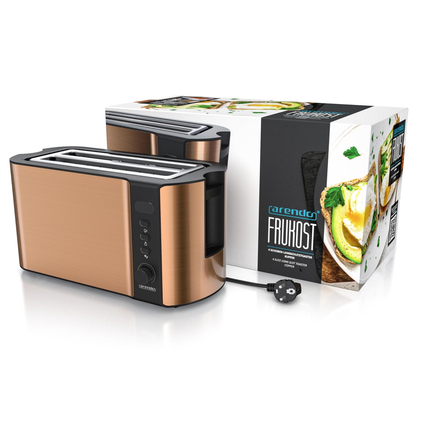 Arendo - Stainless Steel Long Slot 4-Slice Toaster - Defrost Function - Heat-insulating housing - with integrated roll attachment - 1500W - Crumb tray - Display with remaining time display - Copper