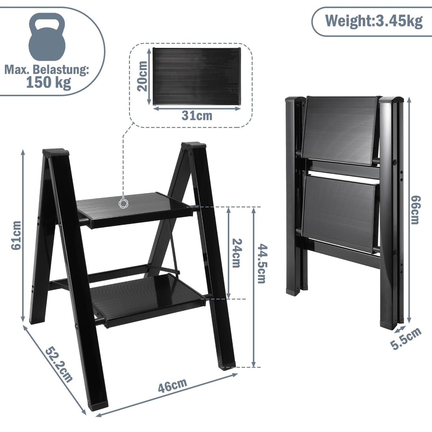 Owlstep Folding 2-Step Ladder, Lightweight Foldable Step Stool, Aluminum Footstool, Non-Slip Ladder with Folding Lock, Household Kitchen Step Ladder, Load Capacity up to 150kg, Black