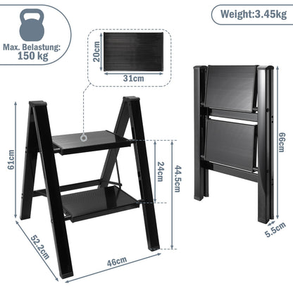 Owlstep Folding 2-Step Ladder, Lightweight Foldable Step Stool, Aluminum Footstool, Non-Slip Ladder with Folding Lock, Household Kitchen Step Ladder, Load Capacity up to 150kg, Black