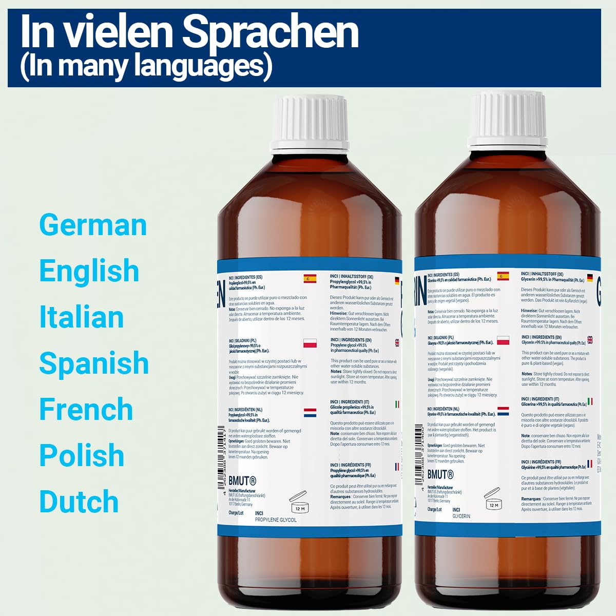 1000ml glycerin + 1000ml propylene glycol in pharmaceutical grade | >99.5% | pure | E422 + E1520 DIY