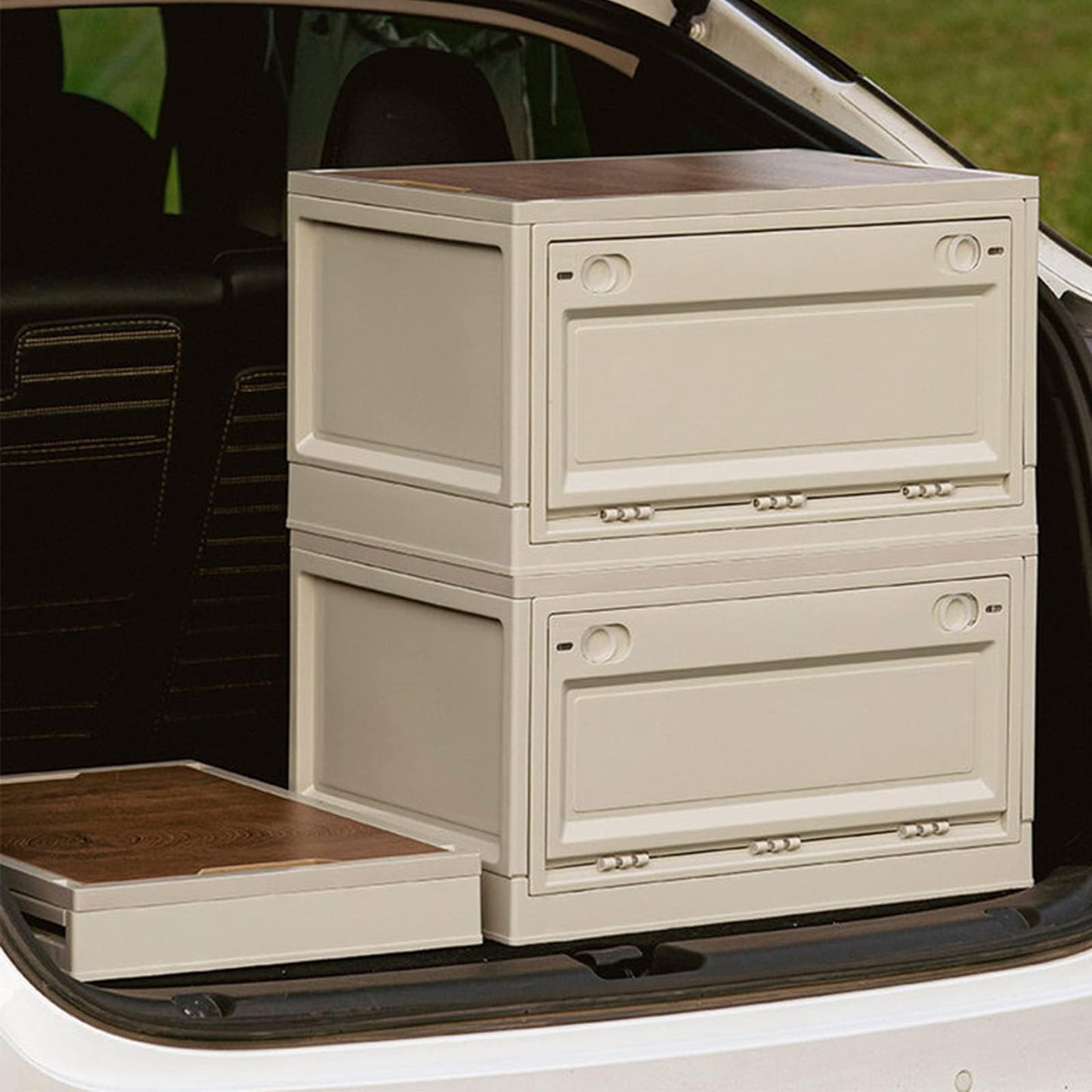RMAN storage box with lid 38L camping cupboard foldable plastic storage container with lid storage crates cushion box as tabletop for outdoor camping car trunk - White