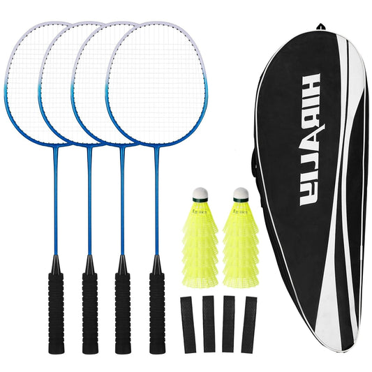 HIRALIY Badminton racket set for outdoor games, lightweight shuttlecock 4-piece set for kids & adults & beginners, includes 4 rackets, 12 nylon shuttlecocks, 4 replacement grip tapes, 1 carrying bag