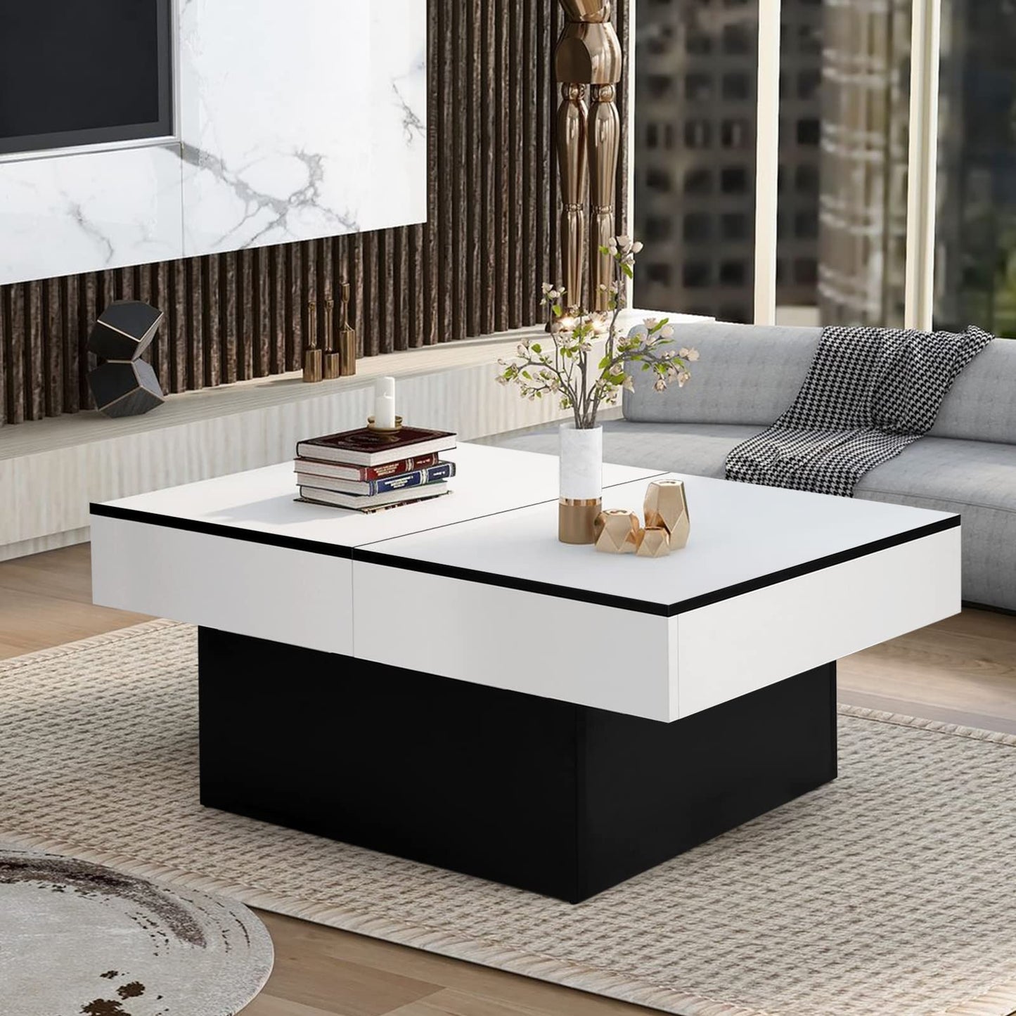 VOWNER Coffee Table, Modern Coffee Table, Extendable Desk, Living Room Table with 2 Storage Spaces, High Gloss Finish, Living Room Table 129 x 58 x 40 cm (White)