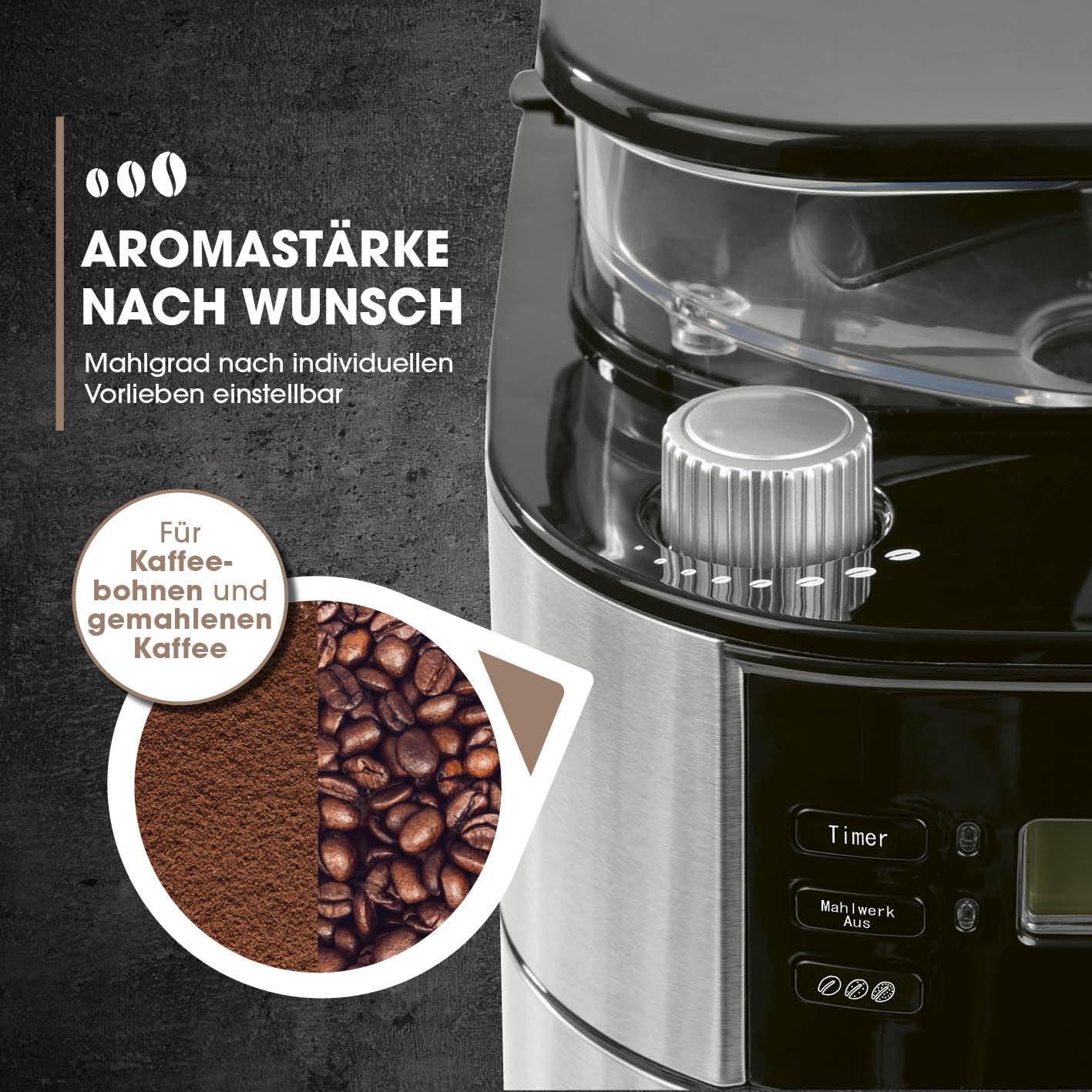Barista coffee machine with adjustable grinder & thermal carafe | Keep warm function, 24h timer & permanent filter | Makes 10 cups of coffee | Compatible with beans & powder [Stainless steel]