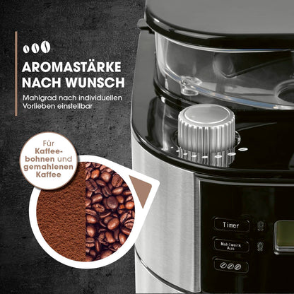 Barista coffee machine with adjustable grinder & thermal carafe | Keep warm function, 24h timer & permanent filter | Makes 10 cups of coffee | Compatible with beans & powder [Stainless steel]