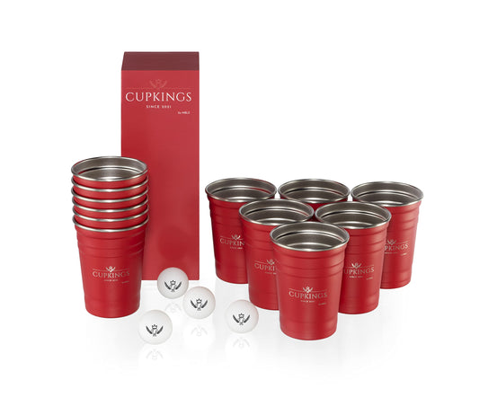 CUPKINGS® Beer Pong Cup Set 16 oz / 473 ml - 12 Reusable Stainless Steel Beer Pong Cups + 4 Beer Pong Balls - Durable, reusable, sustainable - Red Cups - Red