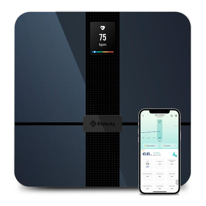 Etekcity body fat scale with large display, measures body fat and muscle mass, accurate bathroom scale with heart rate, unlimited user profiles in the app, WiFi & Bluetooth, USB charging