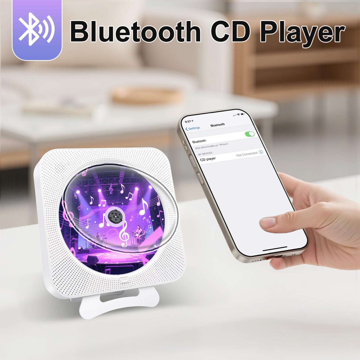 Canareen CD Player Bluetooth, Portable CD Player with Speaker, Front Display FM Radio CD Player Built-in, supports AUX/USB, Timer, Headphone Jack for Gift, Home, Kids, White