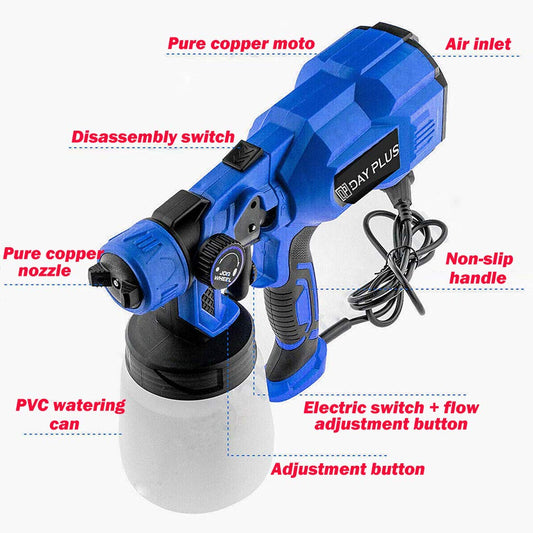 550W Paint Sprayer Electric Spray Gun with 3 spray patterns, 800ml capacity, 100-450ml/Min, adjustable airflow, and color control.