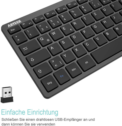 Arteck Wireless Keyboard, German QWERTZ Layout Compact USB 2.4 GHz Mini Wireless Keyboard with Multimedia Keys, Compatible with PC, Notebook, Laptop, Windows 11, 10, 8 Black.