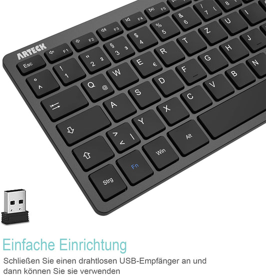 Arteck Wireless Keyboard, German QWERTZ Layout Compact USB 2.4 GHz Mini Wireless Keyboard with Multimedia Keys, Compatible with PC, Notebook, Laptop, Windows 11, 10, 8 Black.