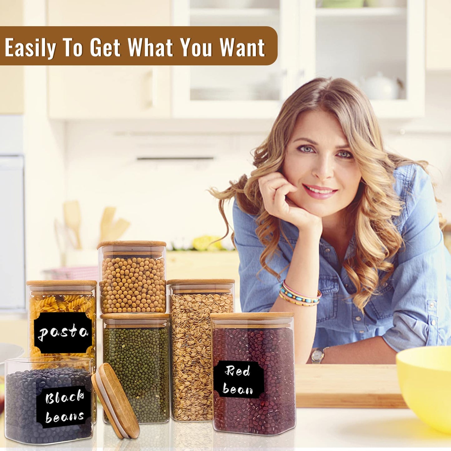 Without Stock Jars Glass 6-pack, 750ml/1150ml/1500ml Storage Jars with Lid Square, Large Glass Container Storage Jar with Wooden Lid, Storage Jars Kitchen for Pasta, Cereals, Beans, Cornflakes