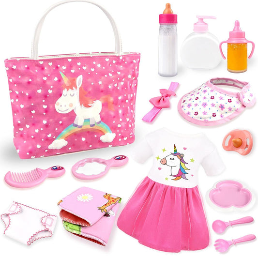 Baby doll accessories - Baby doll feeding and care set with diaper, doll changing bag, and bottles for girls' toy gift. Doll accessories include clothes for 14-16 inch, 18 inch, and 43 cm dolls.