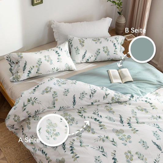 MILDLY bedding 200x200 cotton, bedding sets with plant pattern, zipper, ÖkoTex certified, includes 1 duvet cover 200x200 and 2 pillowcases 80x80, green (Katharina)