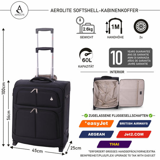 Aerolite 56x45x25 trolley suitcase approved for easyJet, British Airways, Jet2, Wizz Air. Maximum size 2 wheels 60L lightweight carry-on cabin luggage travel suitcase baggage, 10-year warranty in black.