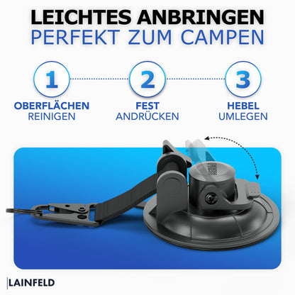 LAINFELD Suction Cup Hooks | 2 pack with carabiner closure and large hooks | Extra strong | for camping, car, balcony | Suction hooks