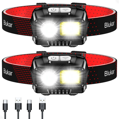 Blukar LED Headlamp Rechargeable, Super Bright Headlamp with 8 Light Modes, Sensor and Red Light, Lightweight IPX5 Waterproof Mini Headlight for Running, Camping, Fishing - 2 Pack