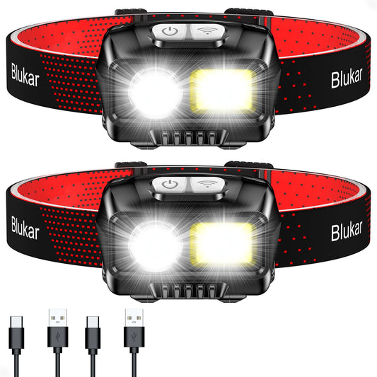 Blukar LED Headlamp Rechargeable, Super Bright Headlamp with 8 Light Modes, Sensor and Red Light, Lightweight IPX5 Waterproof Mini Headlight for Running, Camping, Fishing - 2 Pack